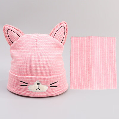 

Childrens knitted cotton scarf head cap for autumn&winter new cartoon two-piece hats for boys&girls kittens
