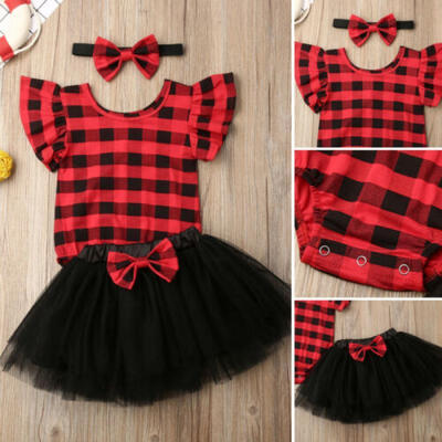 

CA My 1st Christmas Baby Girl Clothes Plaid RomperTulle DressHeadband Outfit