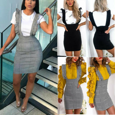 

Womens Ladies Check Dog Tooth Frill Ruffle Pinafore Bodycon Party Mini Dress Top