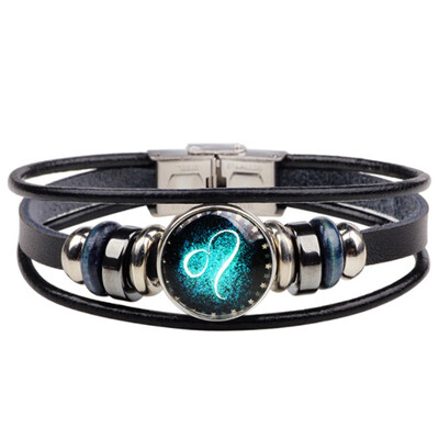 

Retro 12 Zodiac Constellation Beaded Hand Woven Leather Bracelet Punk Chain Cuff