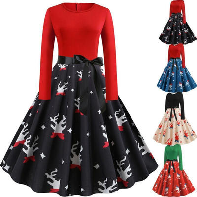 

Xmas Dresses Women Vintage Plus Size Elk Reindeer Print Christmas O-Neck Party Prom Dress Winter Long Sleeve Clothing for Lady