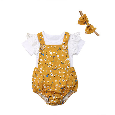 

Newborn Baby Girl Clothes Romper Overalls ShortsFloral 3Pcs Summer Outfits 0-18M