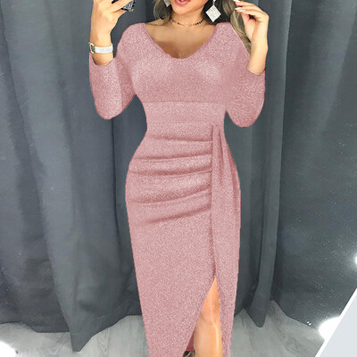

Tailored Women Fashion V-Neck High Slit Bodycon Dress Long Sleeve Party Dresses