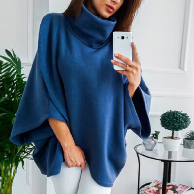 

Womens Fashion Solid Color Loose Cloak Sweater High Collar Irregular Tops Warm