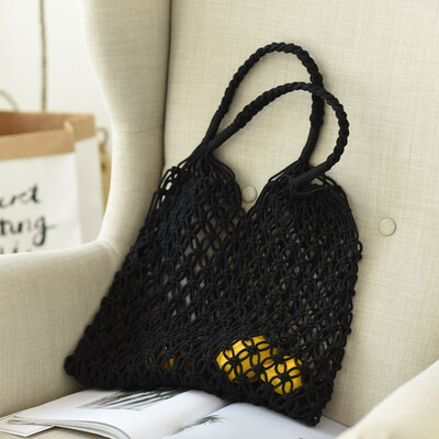 

2019 Large Women Cotton Knitted Tote Solid Summer Style Ladies Beach Handbags Handmade Woven Reusable Shopping Handbags