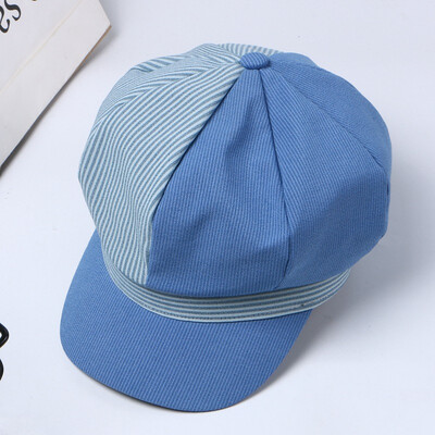 

Korean version of the new spring&summer thin berets England retro literary stripes octagonal pumpkin hat warm painter hat tide