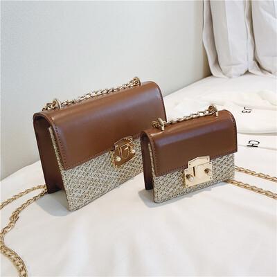 

2019 New Fashion Women PU Straw Weave Messenger Bag Small Square Handbag Mother&Kid Chain Lock Shoulder Crossbody Bag Bolso