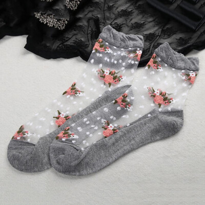 

1 Pair Women Socks Transparent Crystal Silk Socks Rose Flower Elastic Short Socks