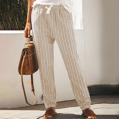 

Women Long Pants Casual Style High Waist Trouser Stripe Pocket Loose Pants
