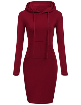 

Casual Solid Color Long Sleeve Drawstring Hoodie Dress with Pocket Slim Hooded Pullover Sweatshirt Dress
