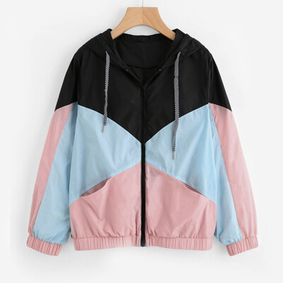 

Roseonmyhand Women Long Sleeve Patchwork Hooded Zipper Pockets Casual Sport Coat