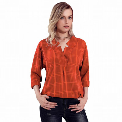 

V-neck long-sleeved plaid plaid thin section casual white-collar blouse top