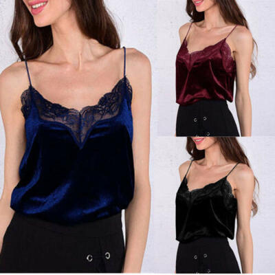 

Women Ladies V Neck Slim Sleeveless Lace Velvet Vest Top Tank Blouse Camisole