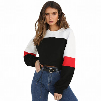 

Round neck long sleeve short T-shirt womens color matching womens shirt