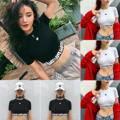 

Fashion Women Stars O Neck Letter Print Slim Fit Crop Tops Blouse Summer T-Shirt