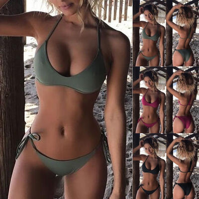 

Women Push-up Padded Triangle Bra Top Thong Bottom Bikini Set Swimsuit Swimwear
