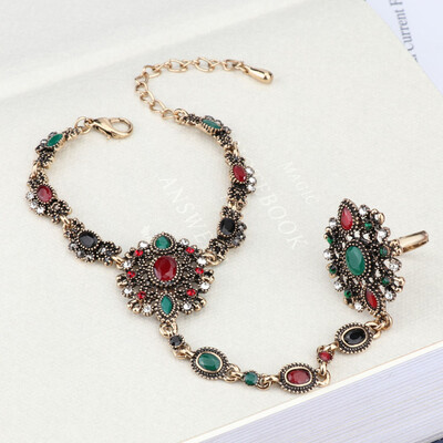 

Turkish Jewelry Sapphire Stone Bracelet Link Ring For Women Vintage Jewelry