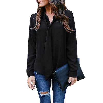 

2019 Fashion Womens V-Neck Tops Shirt Chiffon Long Sleeve Casual Loose Blouse