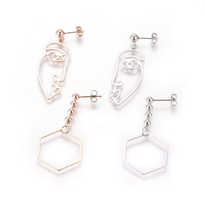 

304 Stainless Steel Split Earrings Hexagon&Face Mixed Color 50mm Pin 07mm