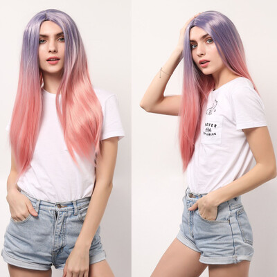 

〖Follure〗Sexy Women Long Pink Gradient Purple Wig Wavy Curly Synthetic Fashion Party Wigs