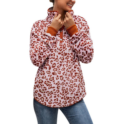 

Autumn Winter women Casual Leopard zip print stand collar plush long sleeve sweatershirt female fashion tops