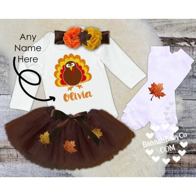 

4Pcs Infant Baby Girl Thanksgiving Outfits Turkey Long Sleeve Romper Bodysuit Tutu Skirt Leg Warmer Headband Set