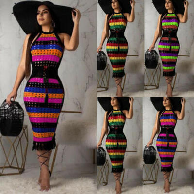 

Summer Women Ladies Rainbow Halter Neck Boho Bodycon Beach Party Dress Sundress