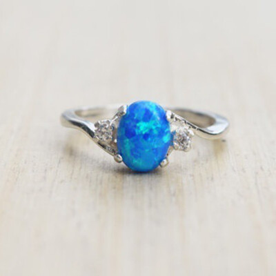 

Trendy Big Oval Egg Shape Blue Opal Ring Cubic Zircon Halo Engagement Wedding Rings for Women