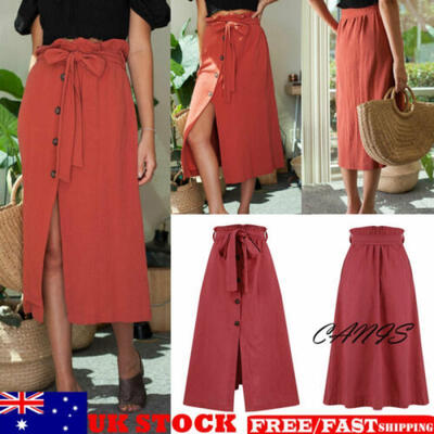 

Fashion Womens Button Bandage Dress Midi Skirt High Waist Front Slit Dresses UK