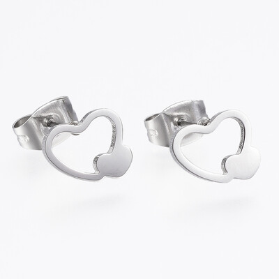

304 Stainless Steel Stud Earrings Heart Stainless Steel Color 7x85x1mm Pin 08mm