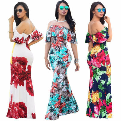 

Women Floral Long Maxi Dress Short Sleeve Evening Party Summer Beach Sundress