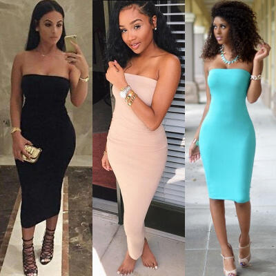 

Celeb Women Bandage Bodycon Strapless Sleeveless Evening Sexy Party Cocktail Midi Dress