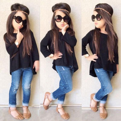 

Kids Girls Toddler Tops T Shirt Denim Long Pants Jeans Clothes Outfit Set 2PCS