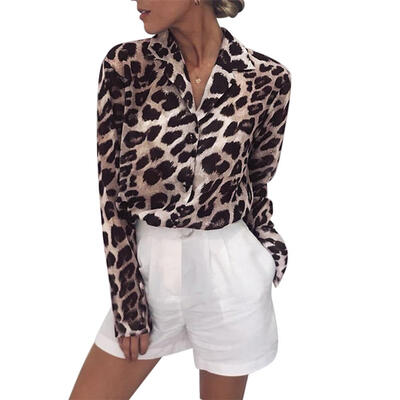 

Sexy Long Sleeve Leopard T-shirts Women Tops V-neck Chiffon Loose Blouse