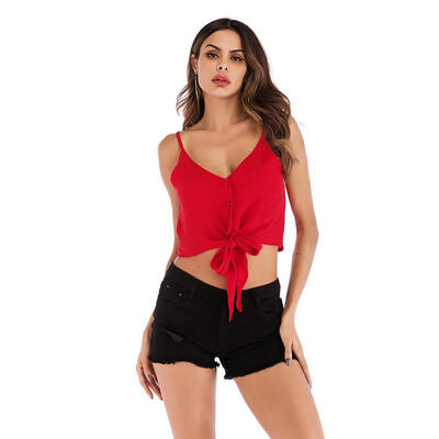 

Summer Women Spaghetti Strap Vest V-Neck Bowknot Chiffon Solid Color Tops