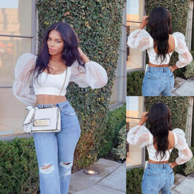 

Womens Cropped Tops Solid Tee Casual T-shirts Mesh Sleeve Blouse Top Vest