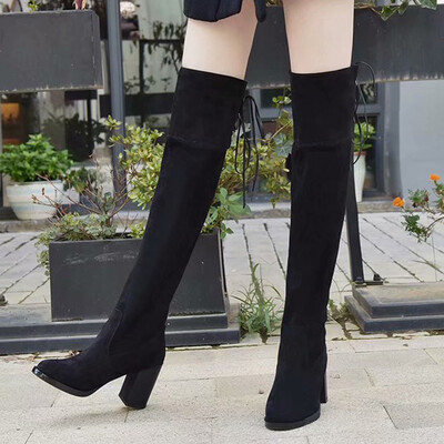 

Rose New Fashion Women Soild Round Toe Flock Square Heel Shoes Party Hight Boots