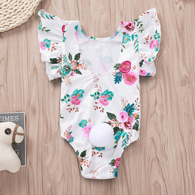 

Newborn Infant Baby Girls Floral Print Pompon Ruffled Romper Bodysuit Playsuit