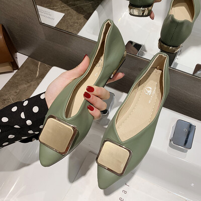 

Single Shoe Women Summer Metal Button Evening Shoes Soft Bottom&Shallow Point Flat Bottom Shoes