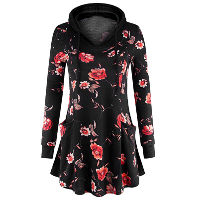 

Starmoon Women Floral Printed Pullover Hoodie Sweatshirt Swing Flared Tunic Top Pockets