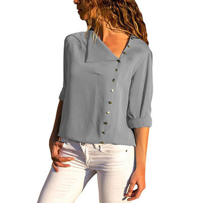 

Streetwear Style Full Sleeves Asymmetrical Collar Button Solid T-shirts For Women Casual Irregular Collar Tops Female Least
