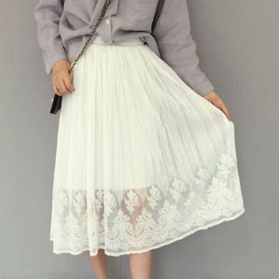

Women A-line Skirt Basic Elastic Waist Casual Lace Mesh Skirt Bohemia Elegant
