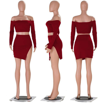 

Women Two Piece Set Crop Top Skirt Off Shoulder High Waist Split Mini Bodycon Sexy Night Clubwear