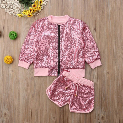 

UK Toddler Baby Girls Sequin Zipper Pink Jacket CoatShorts Casual Outfits Set
