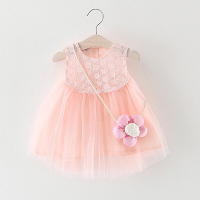 

Summer Baby Girl Short Sleeve Princess Dress with Flower Shape Bag Lace Patchwork Sundress