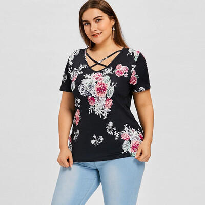 

Roseonmyhand Womens Plus Size Casual V-Neck Short-Sleeved Printed Curved Hem T-shirt Top