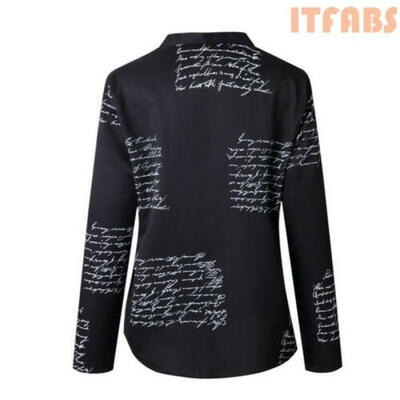 

Women Long Sleeve V-neck Blouse Button Letter Print Ladies T Shirt OL Casual Top