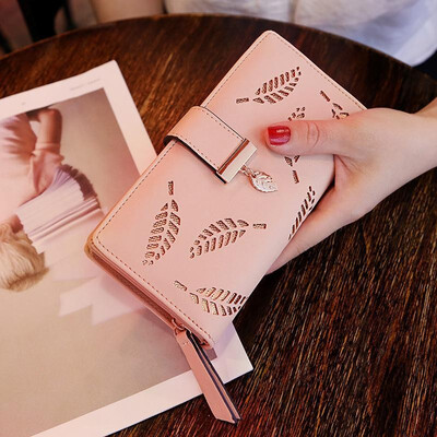 

LKX Women Wallet Pu Leather Purse Female Long Wallet Gold Hollow Leaves Pouch Handbag For Women Coin Purse Card Holders Clutch