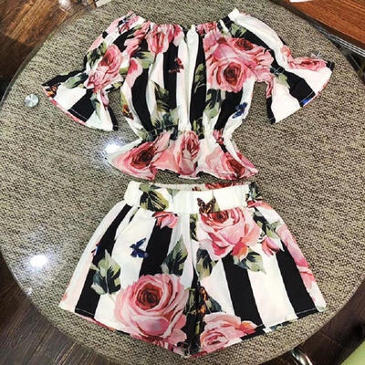 

Toddler Girl Stripe Off-Shouler Flower Tube Top T-Shirt Shorts 2Pcs Outfit Clothes