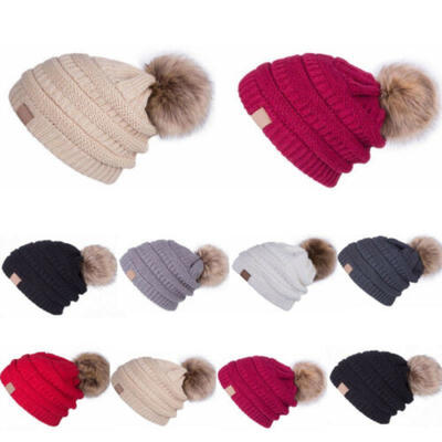 

Womens Girls Winter Beanie with Real Raccoon Fur Pom Pom Wool Knittd Cuff Hat